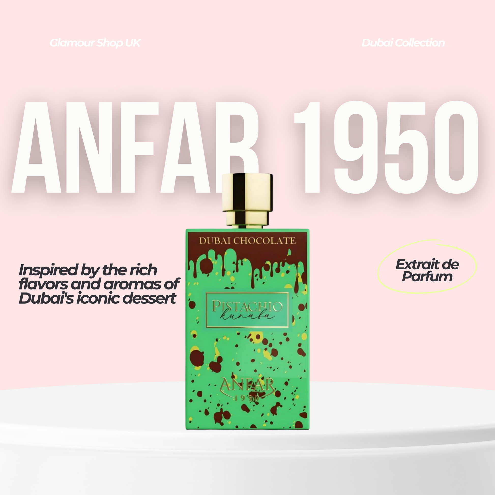 Anfar 1950, Dubai Chocolate, Pistachio Kunafa aroma, 80 ml. Luxury fragrance. Unisex gourmand perfume. decadent sweet fragrance. niche Arabian perfume
