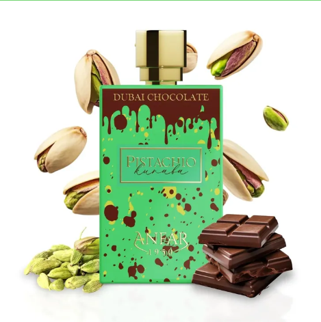 Anfar 1950, Dubai Chocolate, Pistachio Kunafa aroma, 80 ml. Luxury fragrance. Unisex gourmand perfume. decadent sweet fragrance. niche Arabian perfume