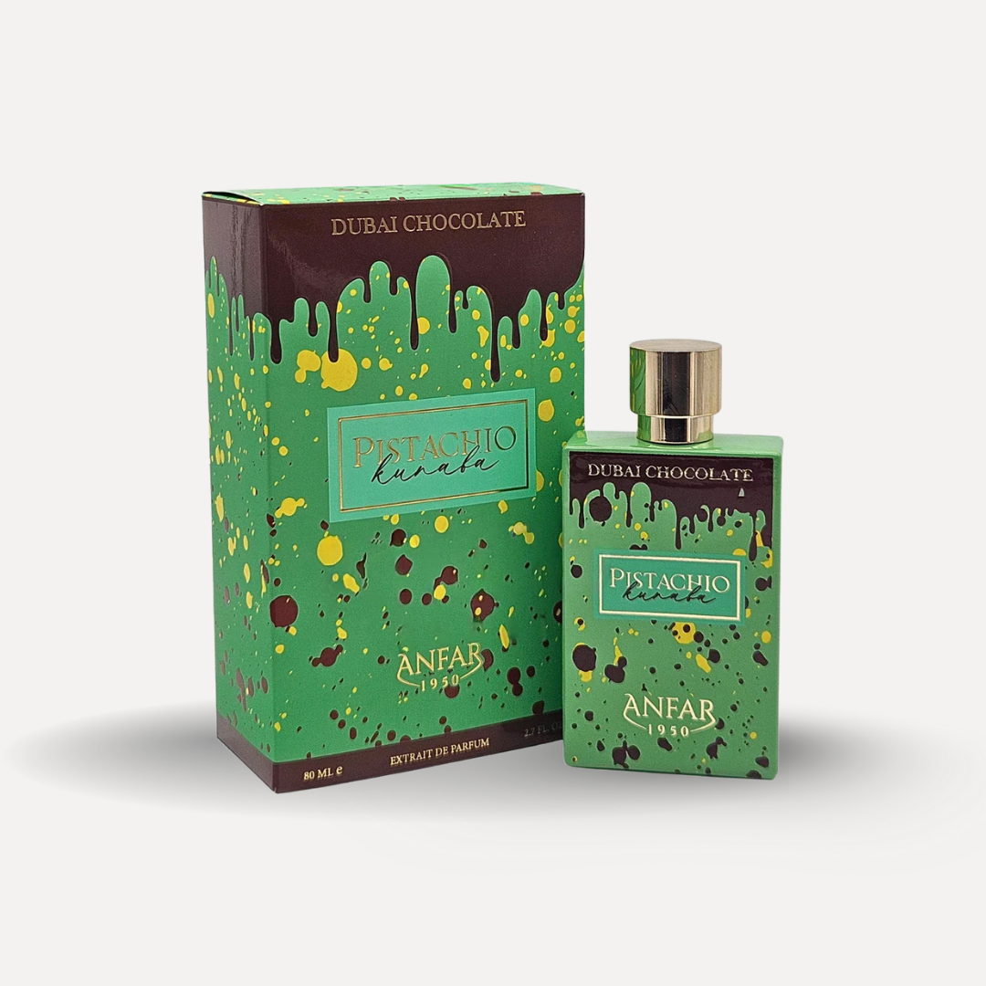 Anfar 1950, Dubai Chocolate, Pistachio Kunafa aroma, 80 ml. Luxury fragrance. Unisex gourmand perfume. decadent sweet fragrance. niche Arabian perfume. extrait parfum