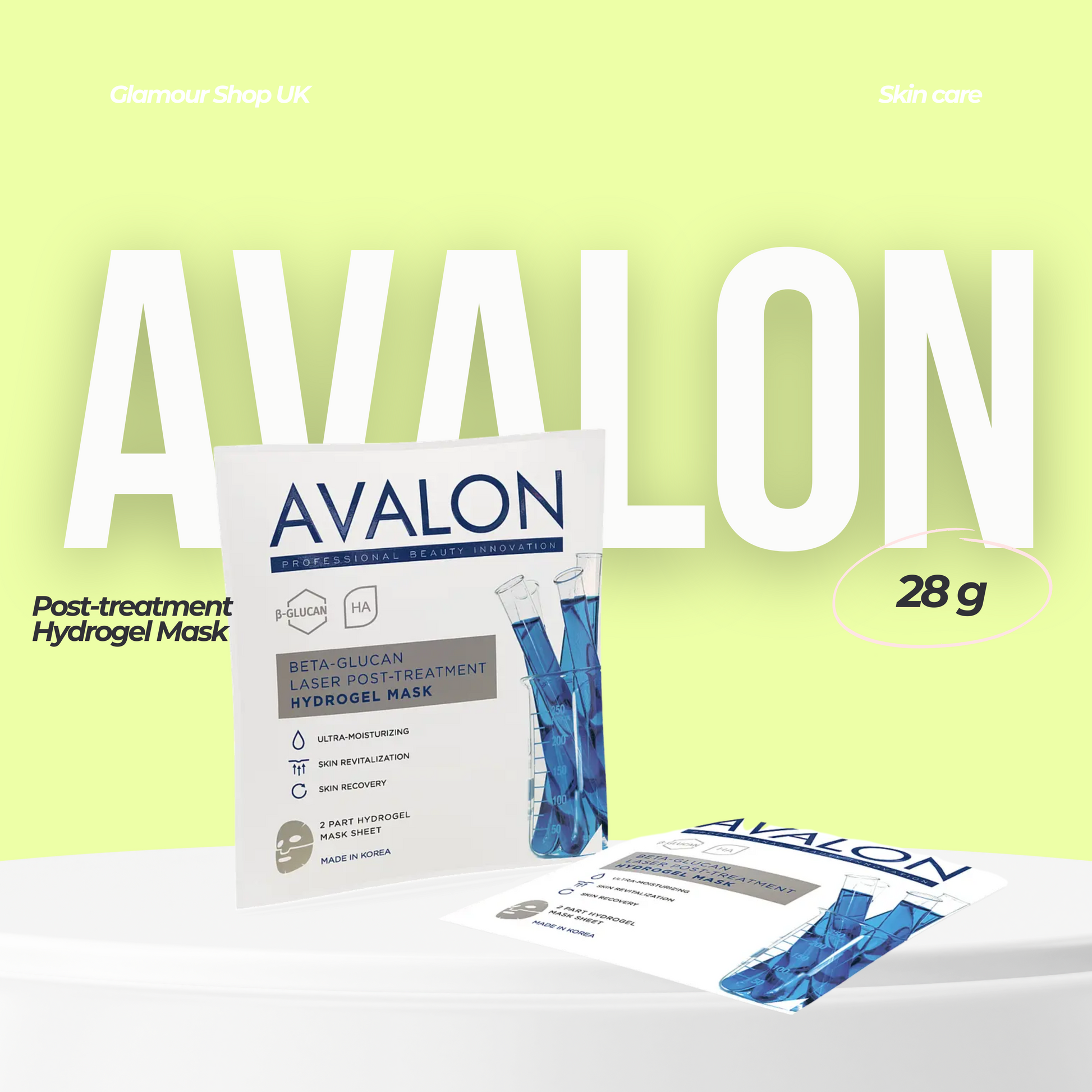 Hydrating hydrogel mask with hyaluronic acid and beta-glucan to accelerate skin regeneration and promote healing after treatments.