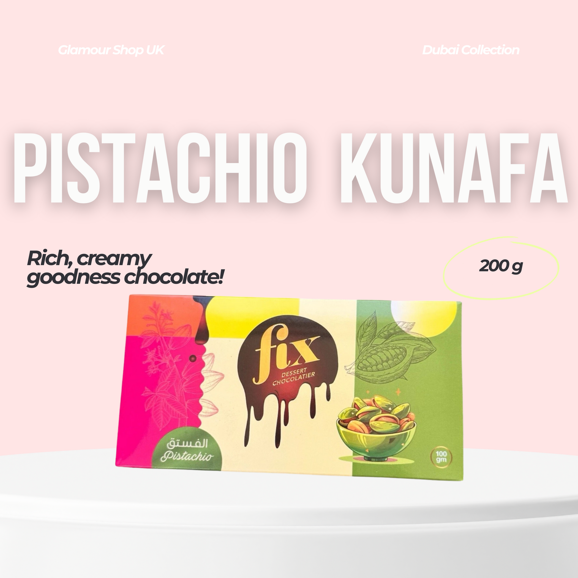 FIX Dessert Chocolatier. Dubai chocolate pistachio kunafa
luxury Middle Eastern dessert
artisanal chocolate dessert. modern twist on traditional kunafa