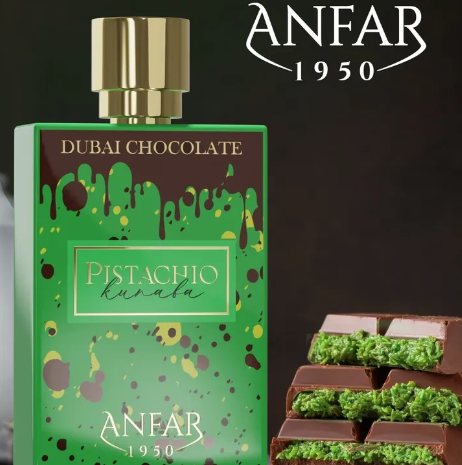Anfar 1950, Dubai Chocolate, Pistachio Kunafa aroma, 80 ml. Luxury fragrance. Unisex gourmand perfume. decadent sweet fragrance. niche Arabian perfume
