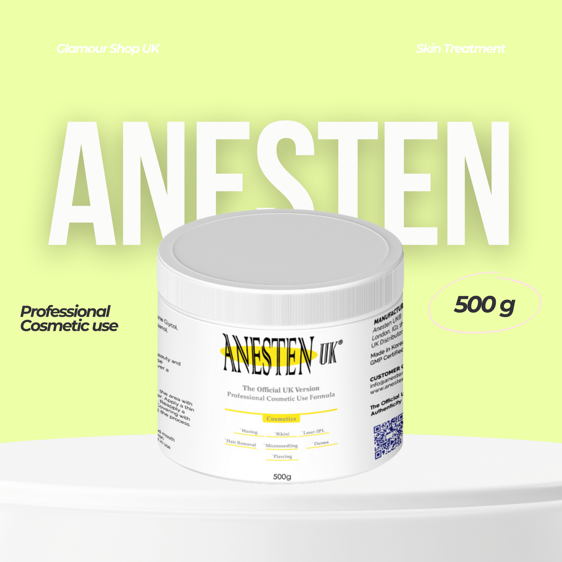 Anesten UK 500g professional cosmetic procedure preparation cream
Anesten UK 500g skin prep cream for salons and beauty professionals
Large 500g Anesten UK preparation cream for cosmetic treatments
Professional-grade Anesten UK 500g beauty procedure cream