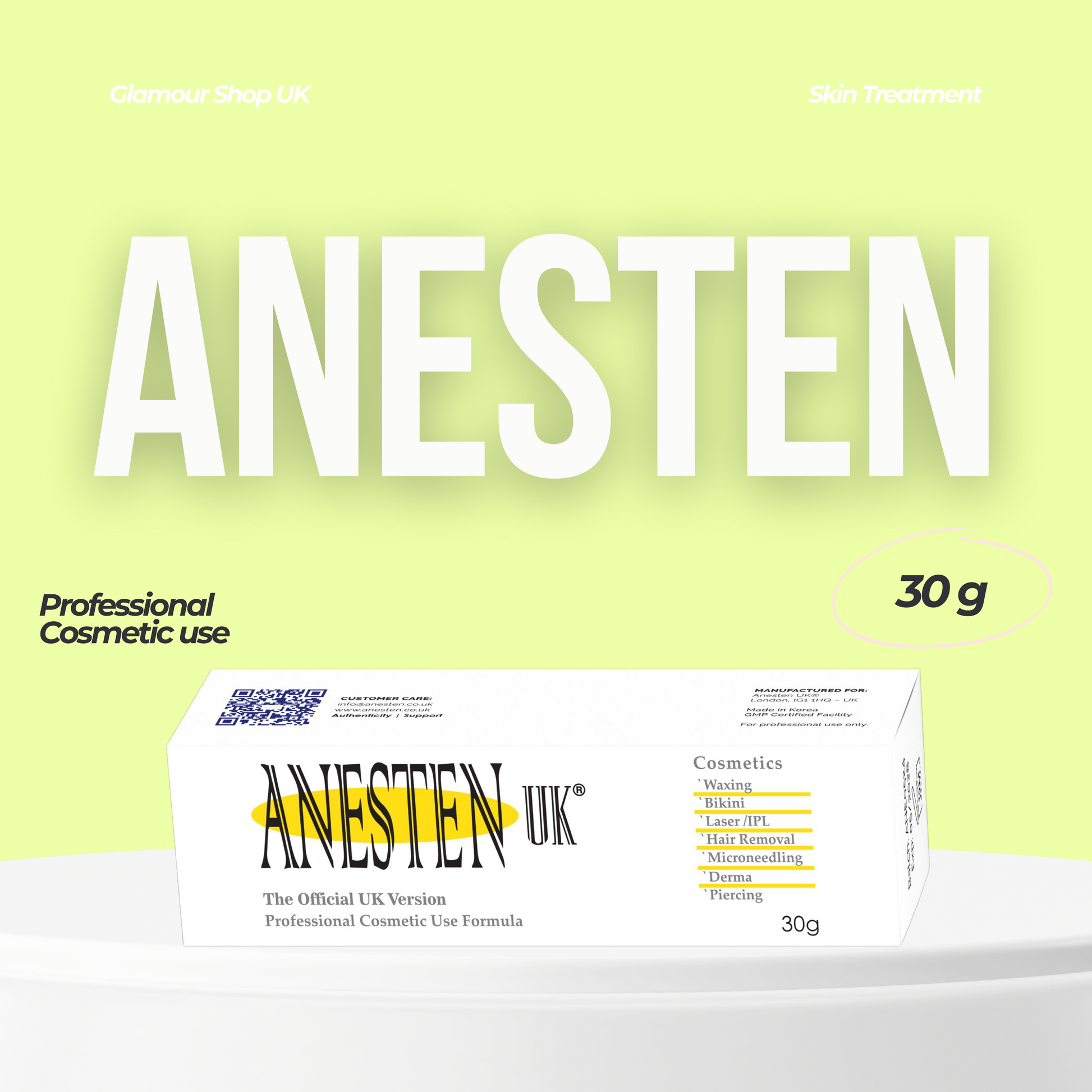 Anesten UK 30g cosmetic preparation cream for professional beauty treatments
Anesten UK 30g skin prep cream for cosmetic procedures
Professional pre-treatment cream Anesten UK 30g for salons and clinics
Anesten UK 30g beauty treatment preparation cream