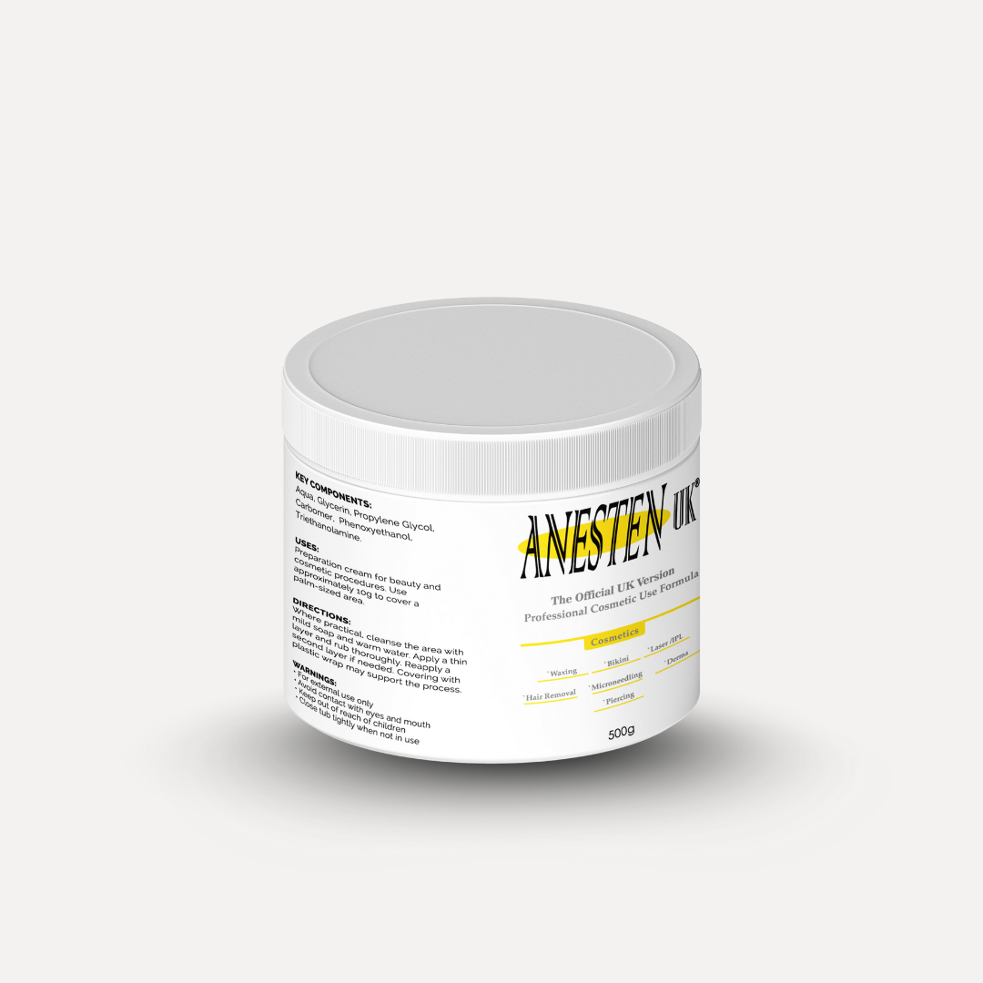 Anesten UK 500g professional cosmetic procedure preparation cream
Anesten UK 500g skin prep cream for salons and beauty professionals
Large 500g Anesten UK preparation cream for cosmetic treatments
Professional-grade Anesten UK 500g beauty procedure cream right