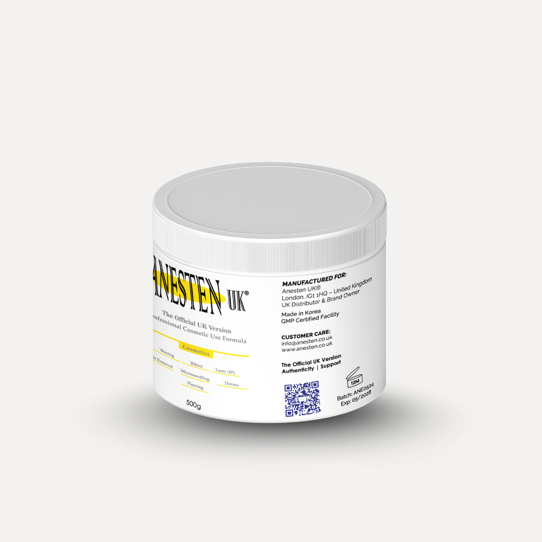 Anesten UK 500g professional cosmetic procedure preparation cream
Anesten UK 500g skin prep cream for salons and beauty professionals
Large 500g Anesten UK preparation cream for cosmetic treatments
Professional-grade Anesten UK 500g beauty procedure cream left